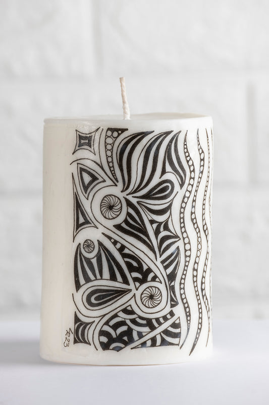 Unscented white vegetable wax pillar candle with drawing