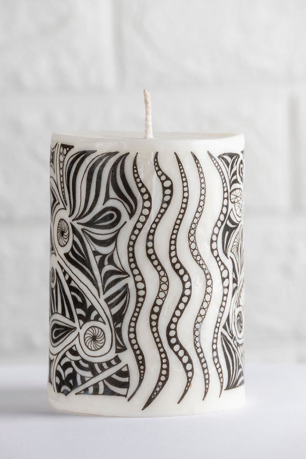 Unscented white vegetable wax pillar candle with drawing