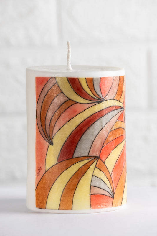 Unscented white vegetable wax pillar candle with drawing