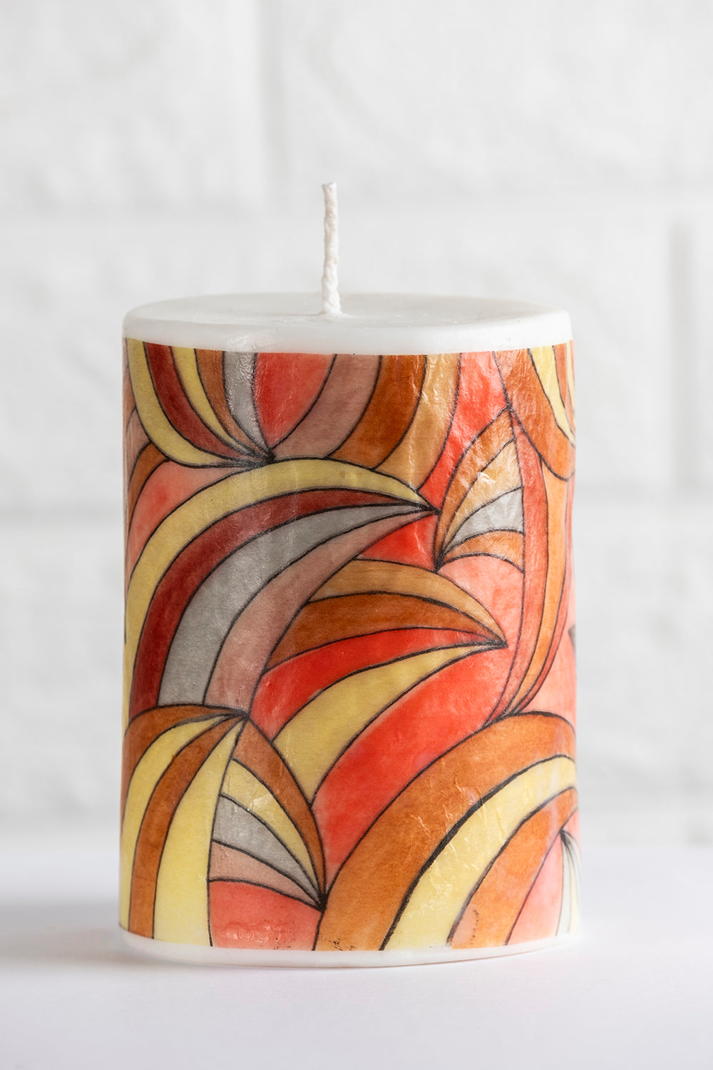 Unscented white vegetable wax pillar candle with drawing