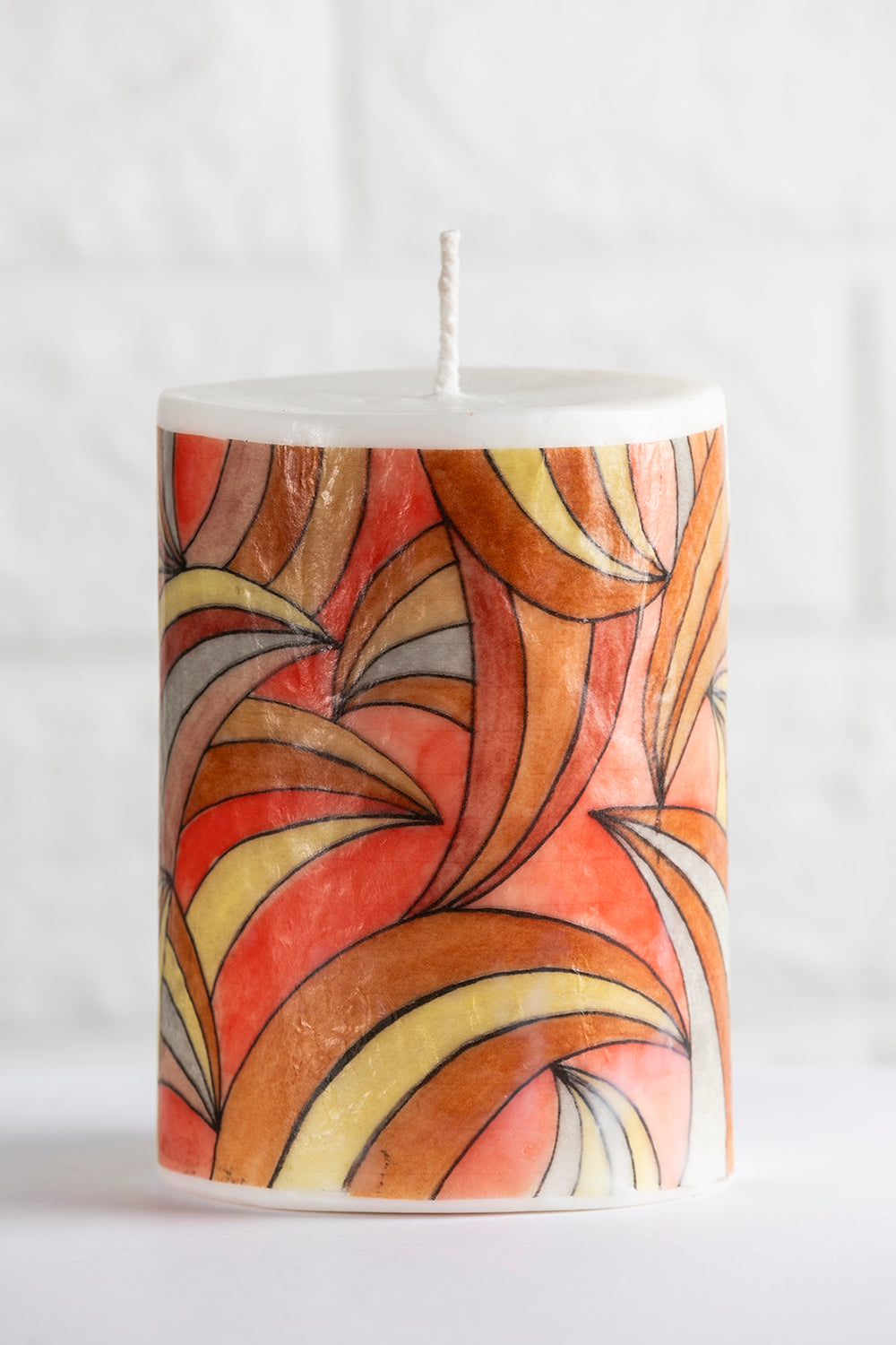 Unscented white vegetable wax pillar candle with drawing