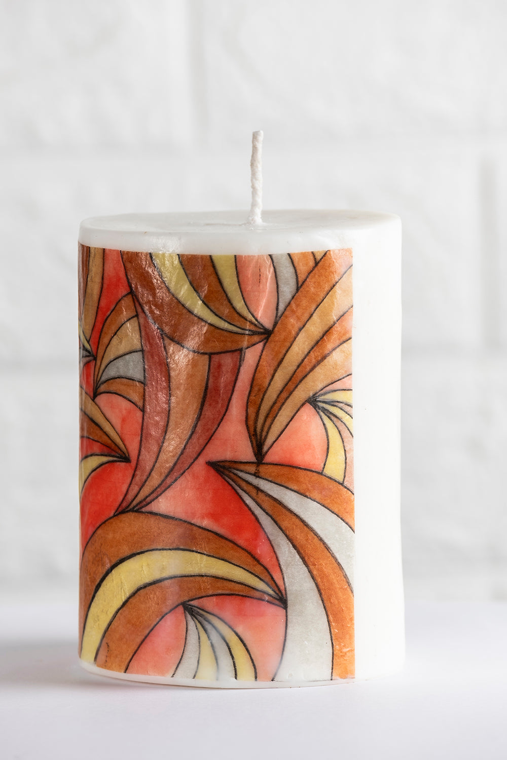 Unscented white vegetable wax pillar candle with drawing