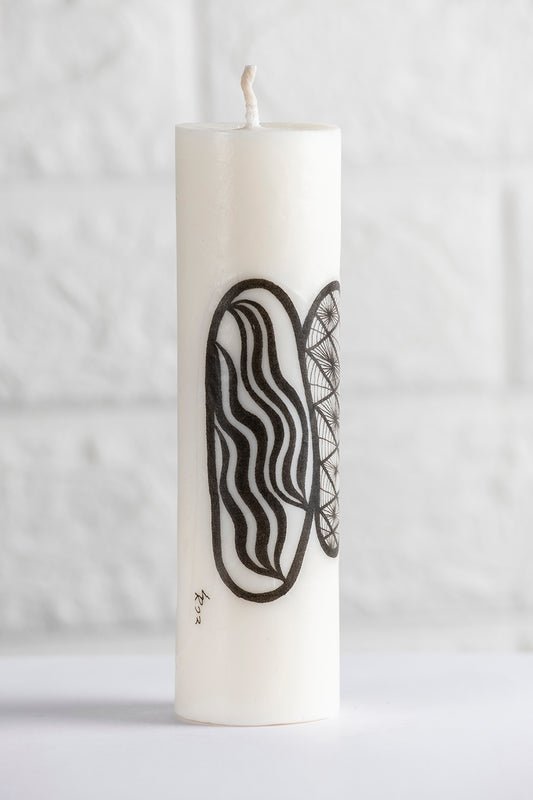 Unscented white vegetable wax pillar candle with pattern