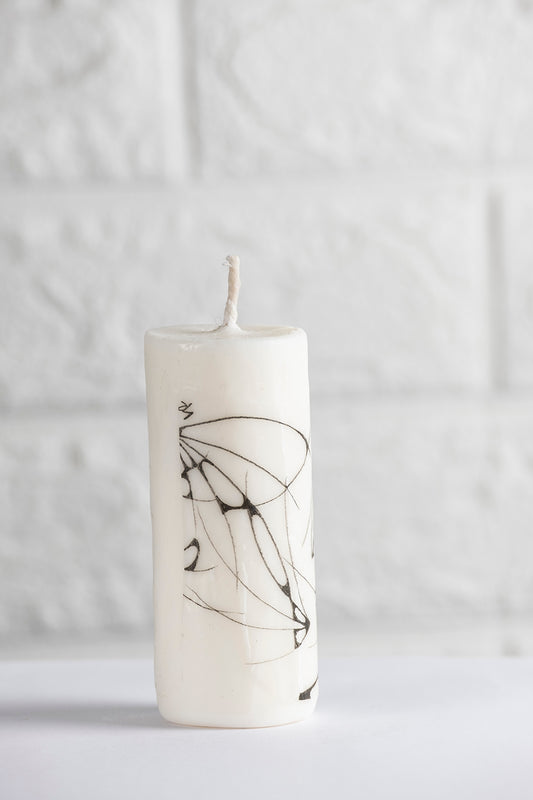 Unscented white vegetable wax pillar candle with drawing