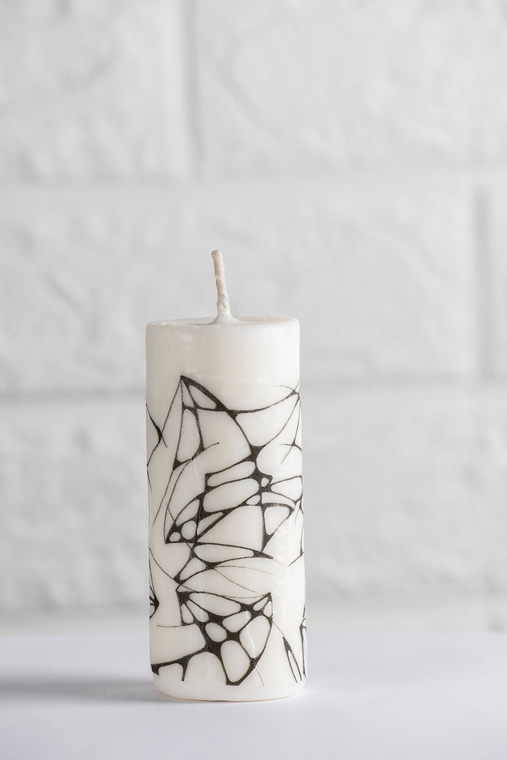 Unscented white vegetable wax pillar candle with drawing