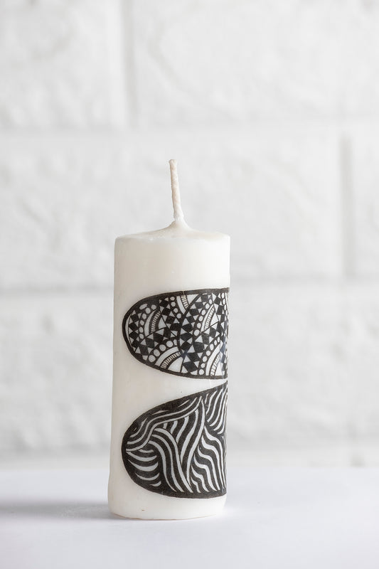 Unscented white vegetable wax pillar candle with drawing