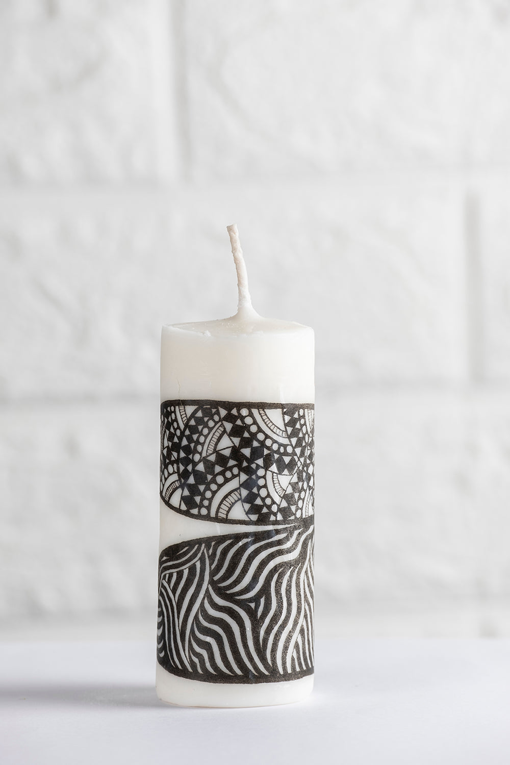 Unscented white vegetable wax pillar candle with drawing