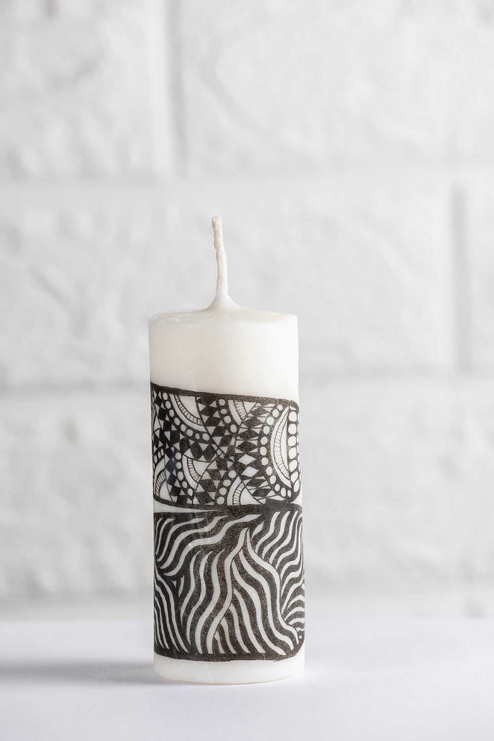 Unscented white vegetable wax pillar candle with drawing