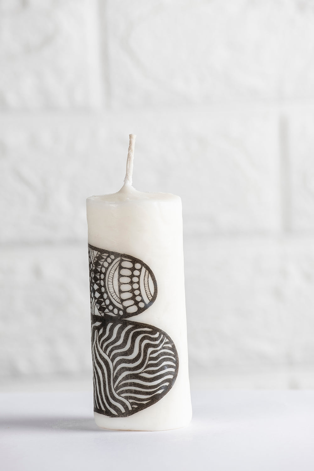 Unscented white vegetable wax pillar candle with drawing